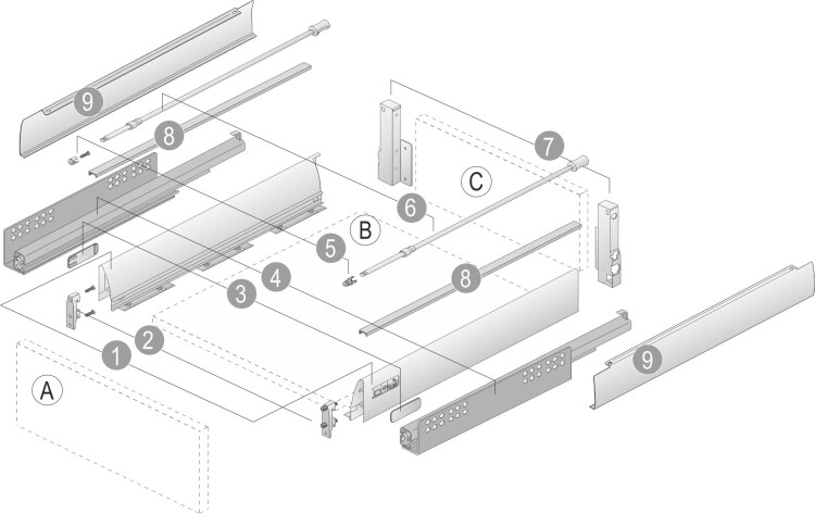 9214531 Комплект ящика Hettich, IT SS 350*176 серый полного выдвижения (индивид.упаковка) прикруч.