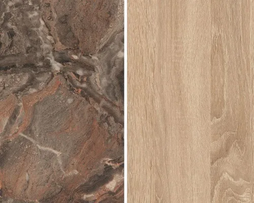 Стеновая панель для кухни 4100*640*8 мм Мрамор Чиполлино чёрная медь/Дуб Бардолино натуральн F094 ST15/H1145 ST10 1 Эггер
